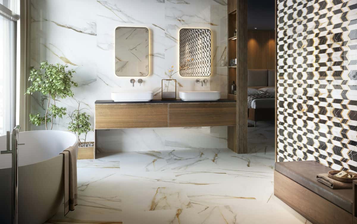 Art Deco white and gold bathroom tiles