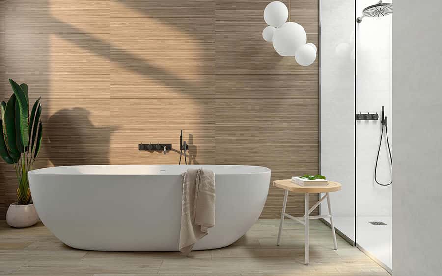 Wood-effect wall tiles in a bathroom