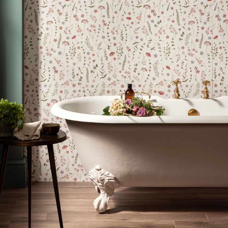 Floral pink and green tile panel